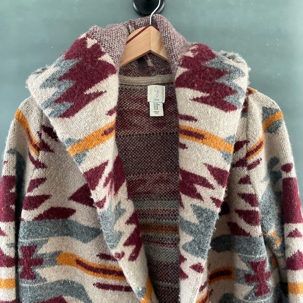 Joie Southwestern Aztec Wool Blend Hooded Duster Cardigan Coat M - Picture 2 of 6